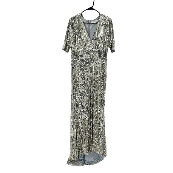 Mac Duggal 4707 Platinum Silver Sequined V-Neck Short Sleeve Evening Gown 14 - Picture 3 of 8